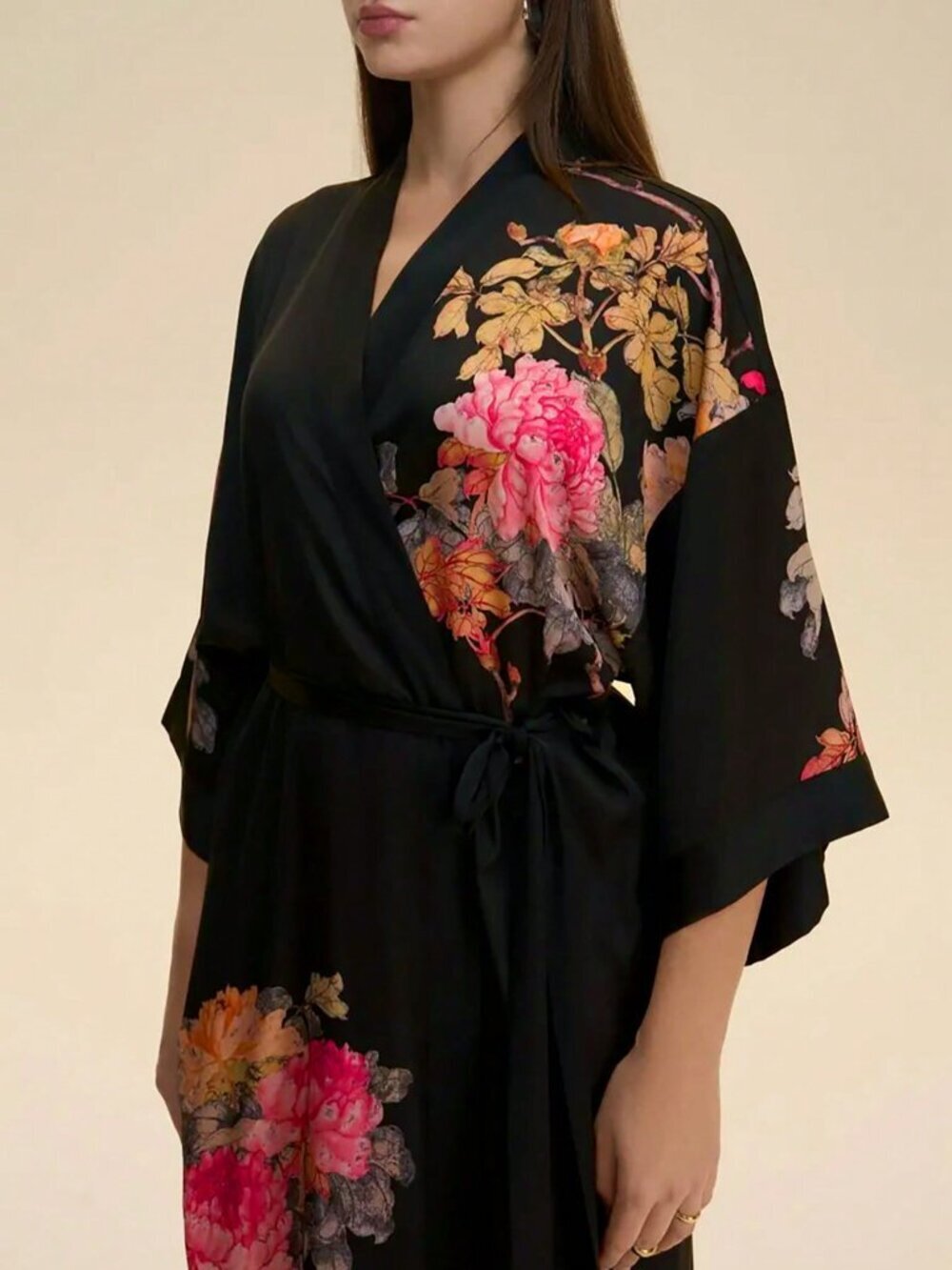 Black Casual Women's Plus Size Floral Print Cover-Up Outerwear
